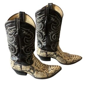 Tony Lama Black and Cream Snakeskin Heeled Boots- Vintage - 8 D